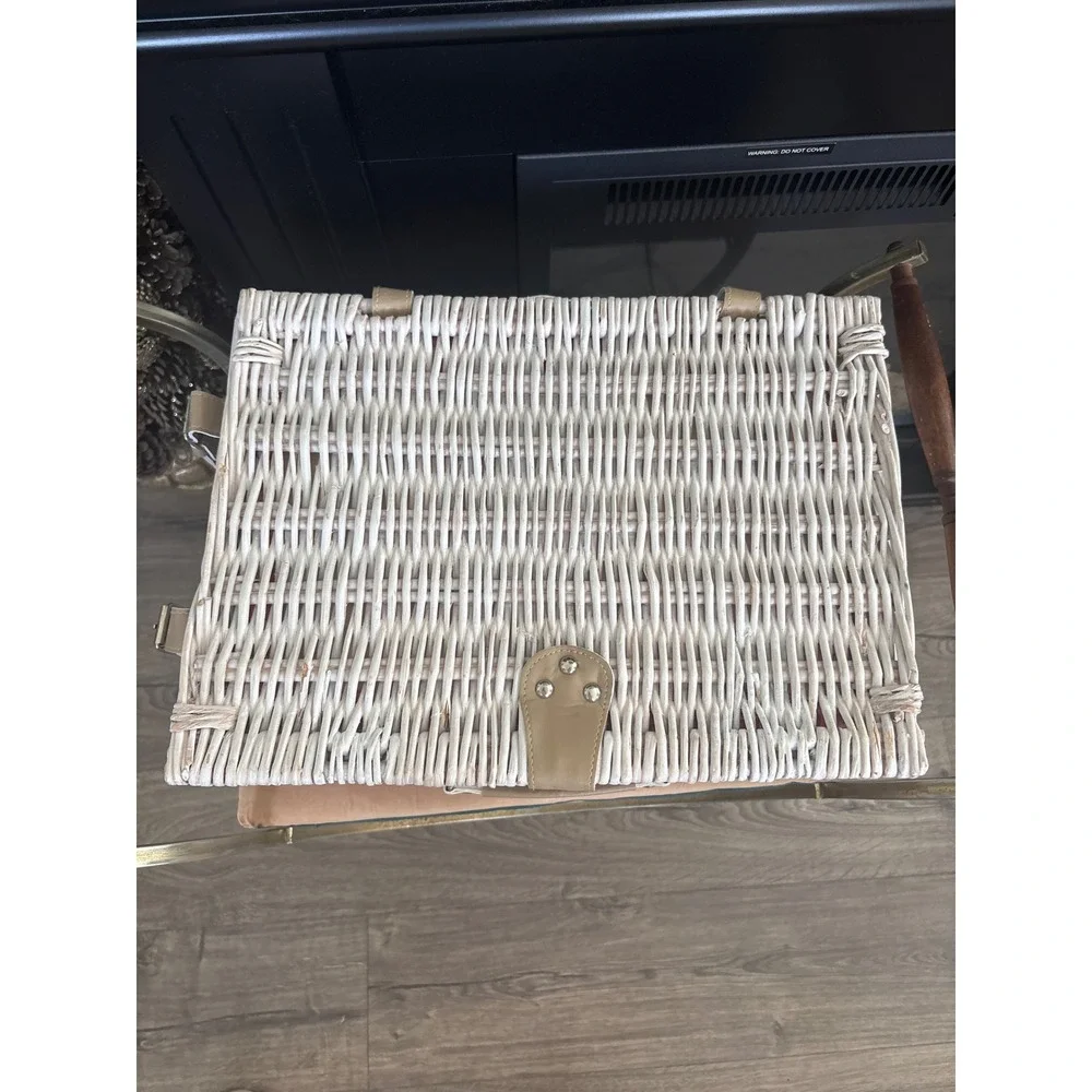 Vintage White Wicker Picnic Basket Set Insulated Cooler Red Gingham Lining